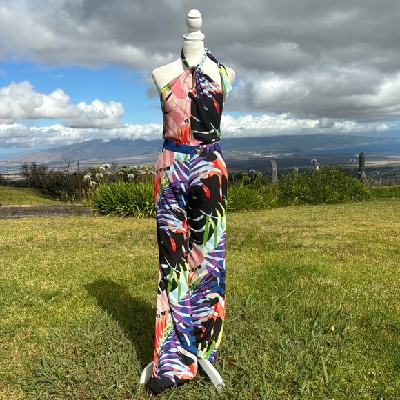 NWT Natori tropical Monstera Jumpsuit halter flare leg Retro - Picture 1 of 10